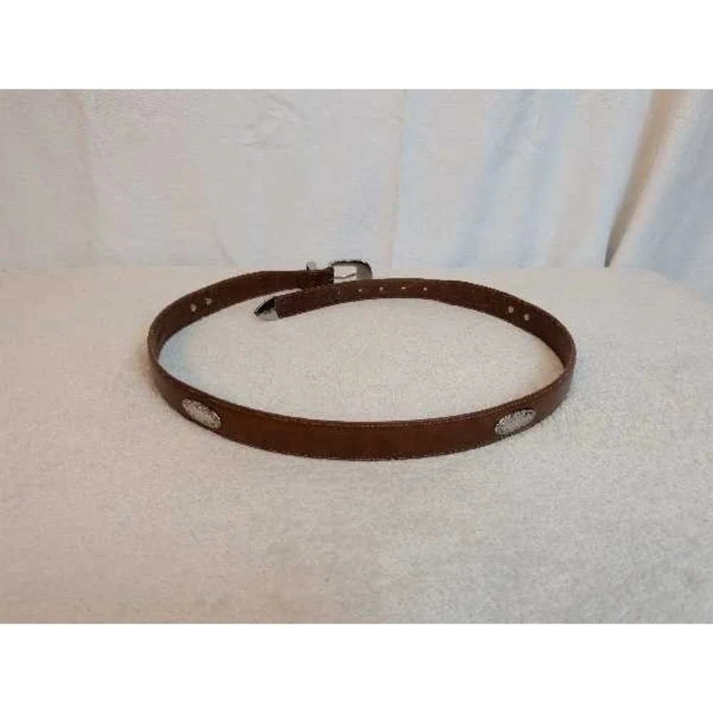 Western Style Leather Belt Silver Buckle & Conchos Brown Size 40